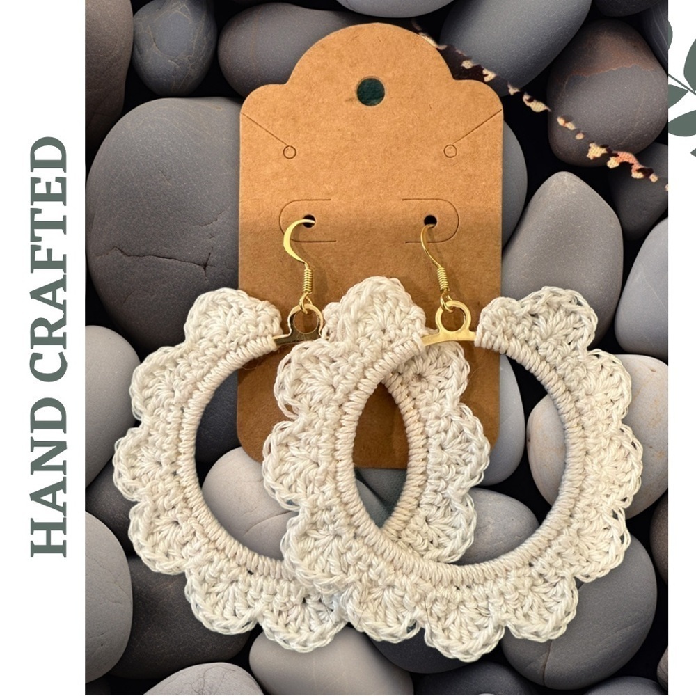Hand Crafted Crochet Hoop Earrings | Cream Boho Style | Scalloped Lightweight